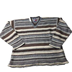 VINTAGE 90s Tommy Hilfiger Wool V Neck Sweater Mens XL Brown Gray Striped Street
